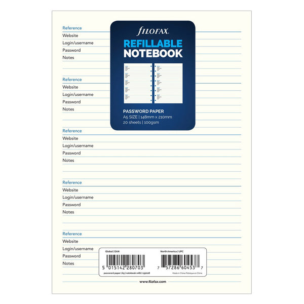 Filofx Password A5 Notebook Refill 20pk