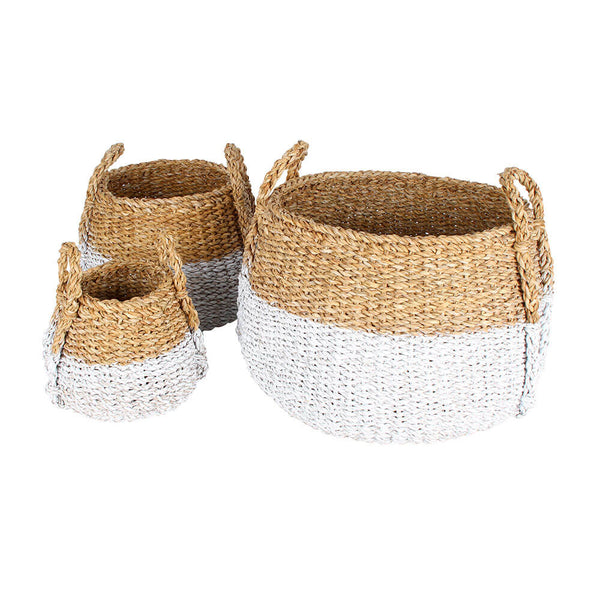 Apollo Seagrass White Dip Bulb Baskets w/ Handles (3 Sets)