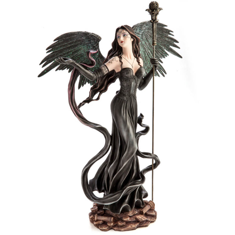 Large Dark Angel in Black Gown with Staff Figurine